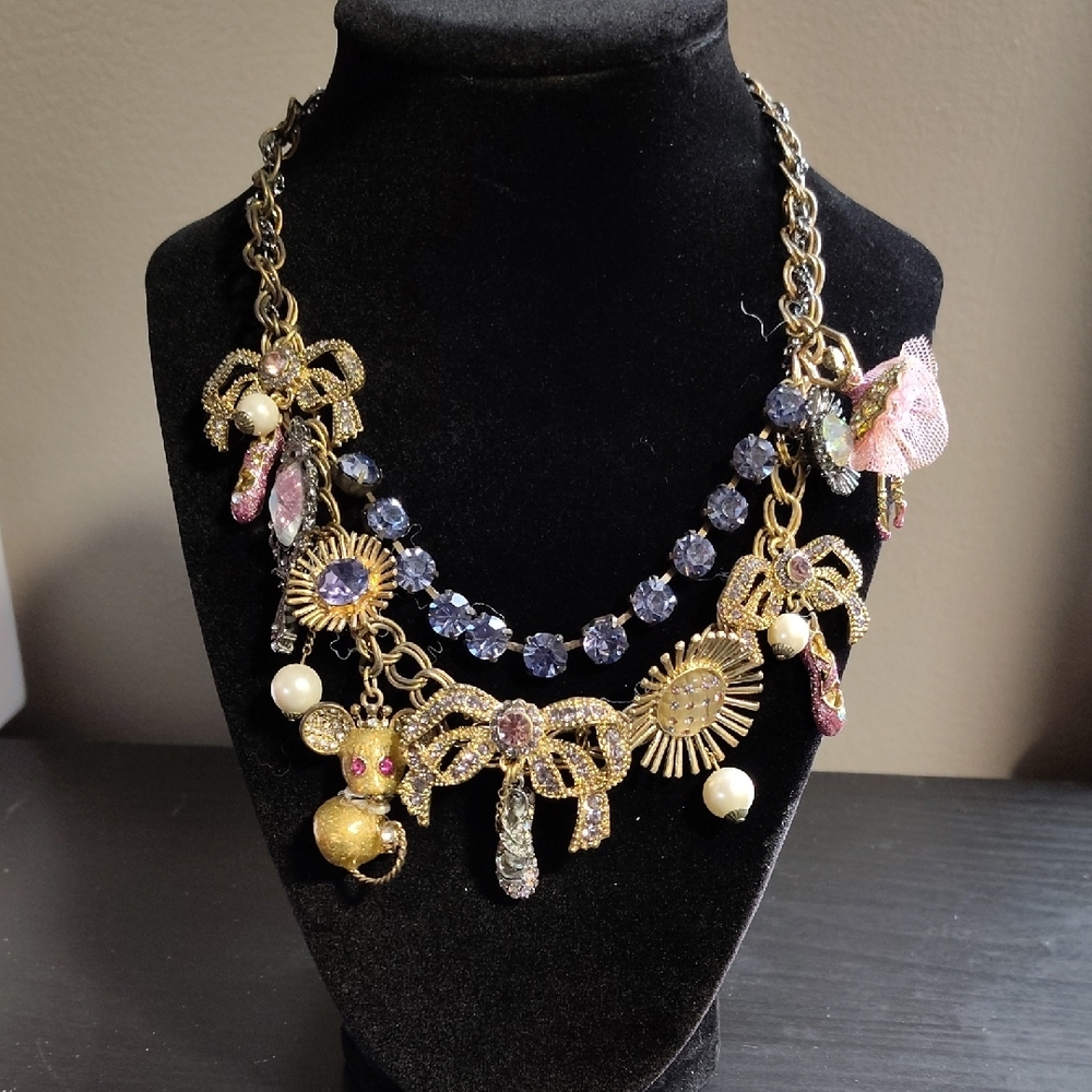 Betsey Johnson Gold & Purple Ballerina Charm Statement Necklace – Rare Vintage